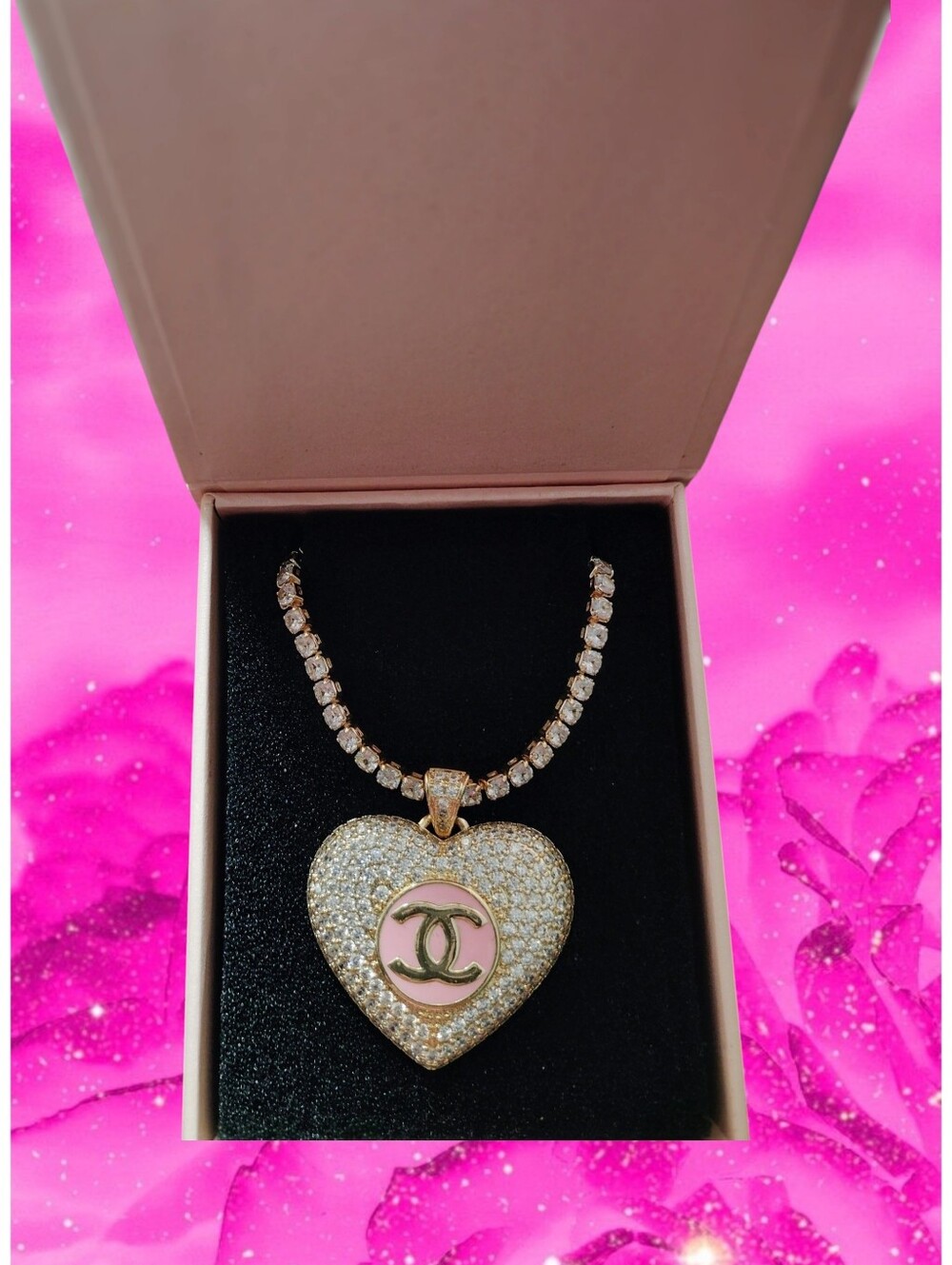 Gold-Tone Heart Pendant Necklace with Pink Enamel Accent And Crystals